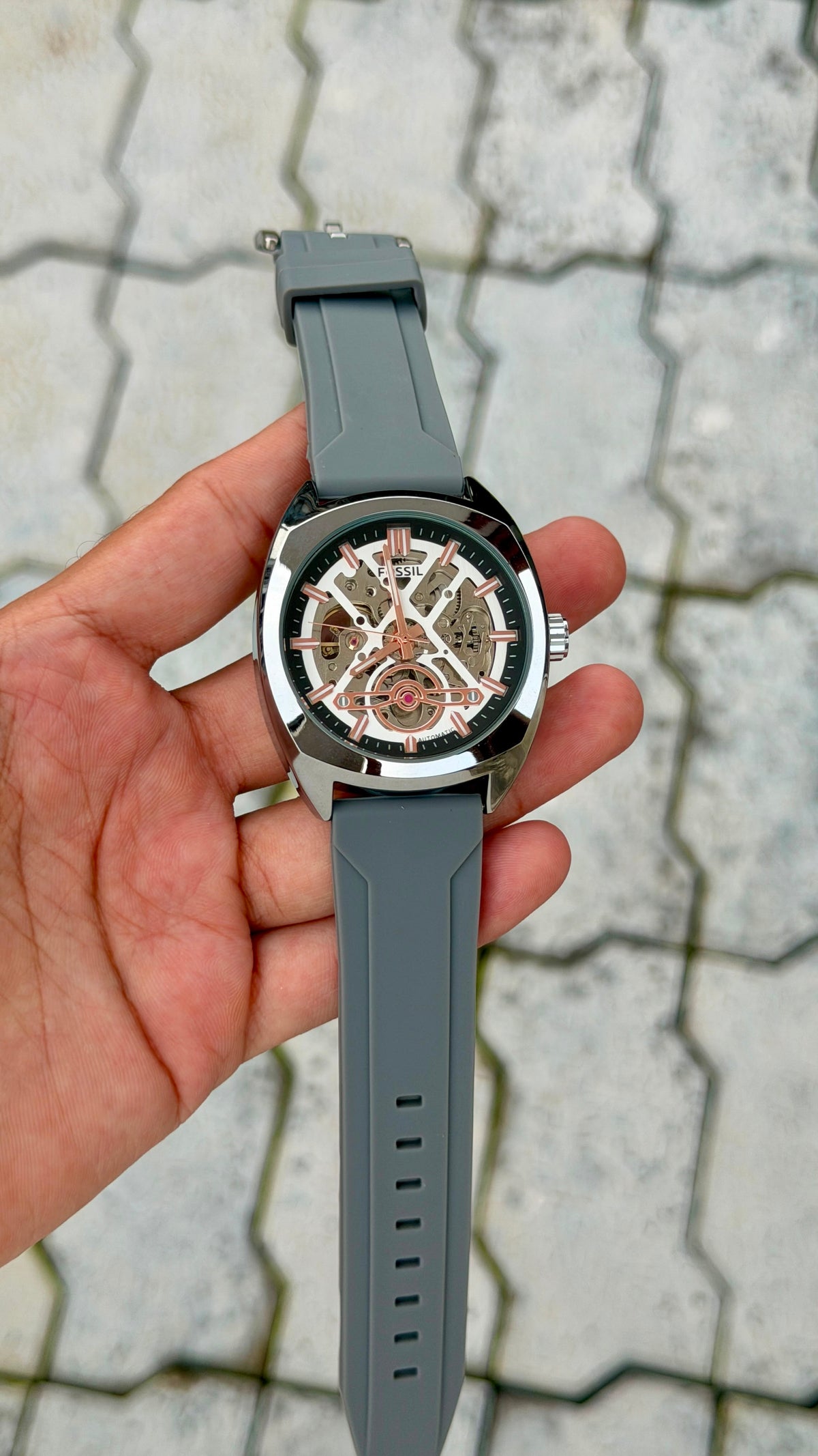 Automatic Skeleton Grey Silicone Strap Watch – Silver Case Rose Gold Accents