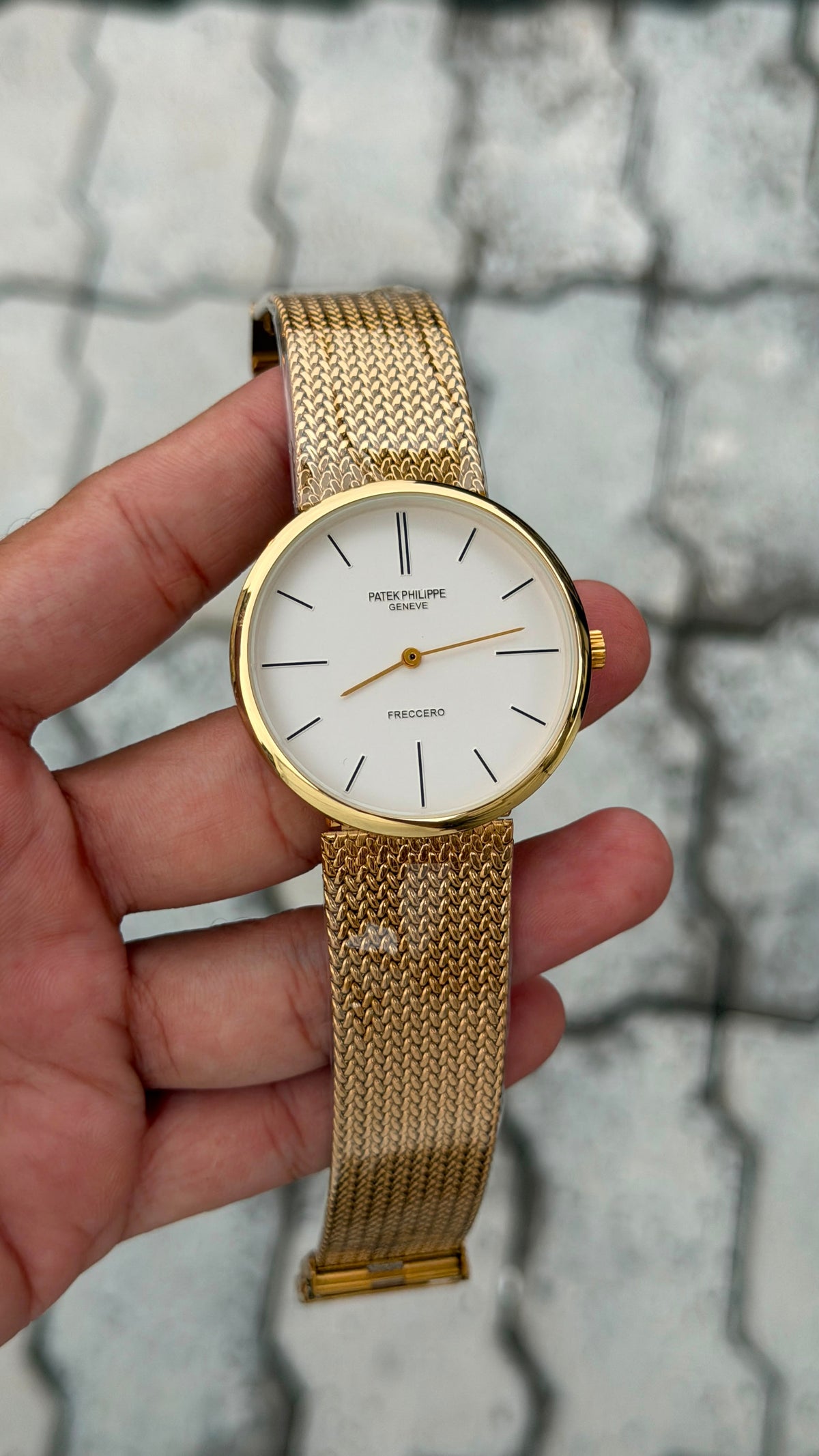 Patek Philippe Geneve Freccero White Dial Gold Mesh Watch