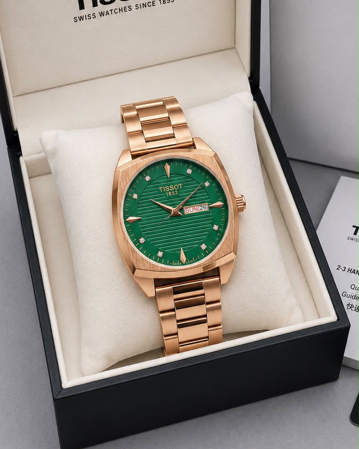 Tissot PRX Green Dial Day-Date Rose Gold Tone Luxury Swiss Watch
