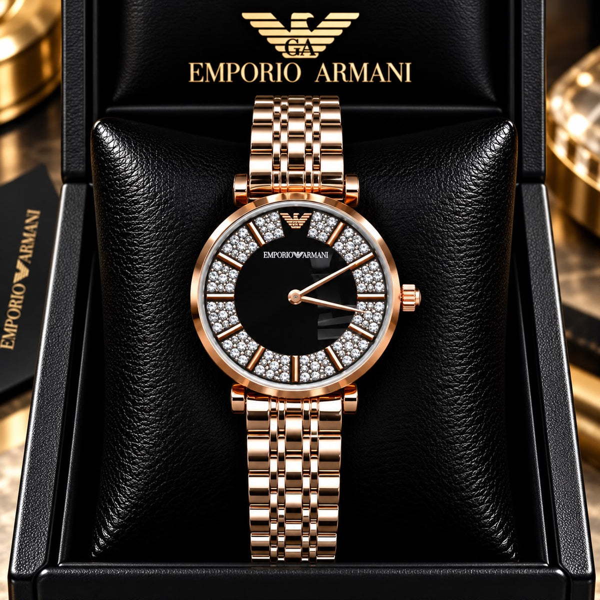 Emporio Armani Black Dial Diamond-Studded Rose Gold Watch