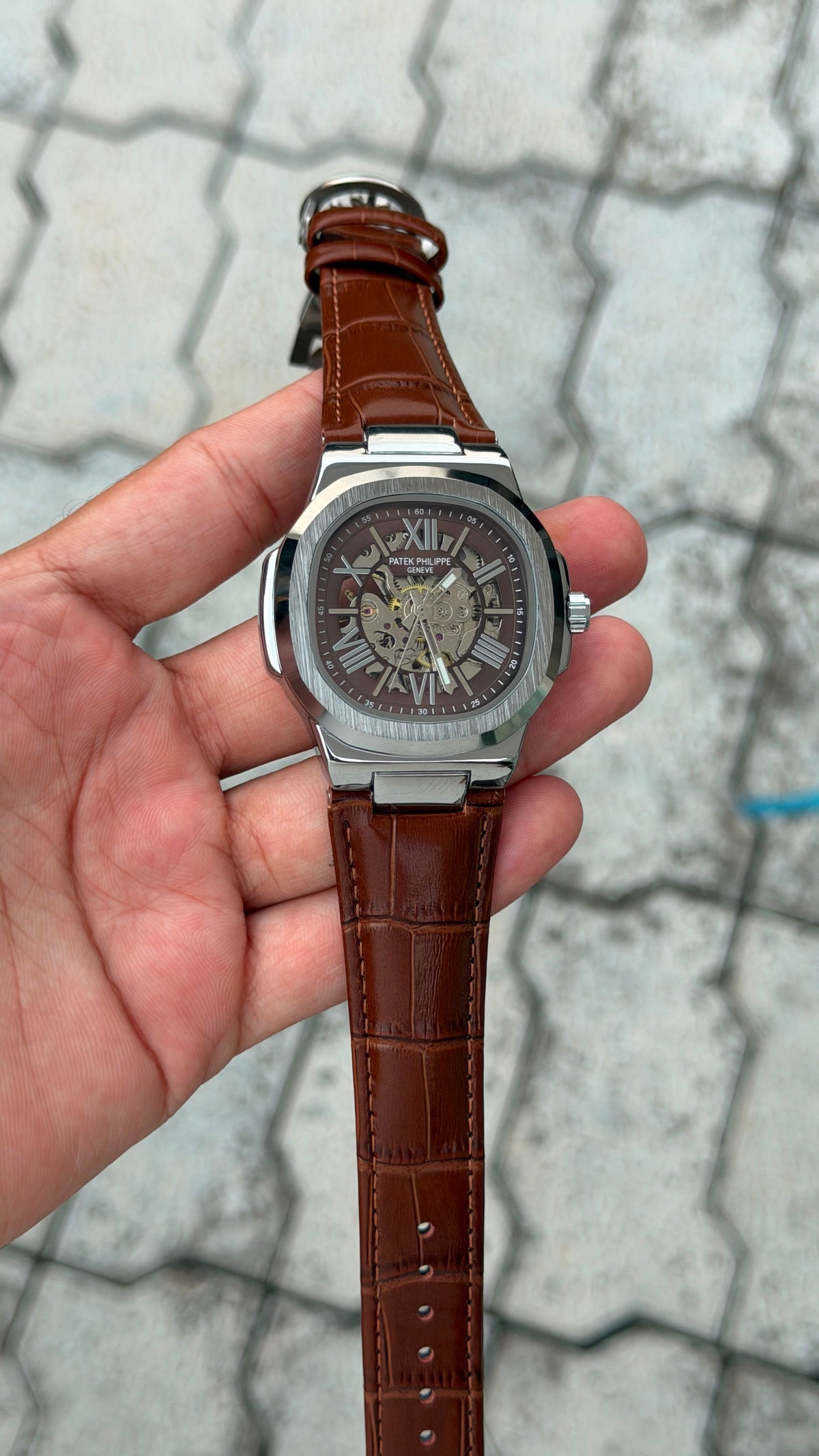 Patek Philippe Nautilus Skeleton Automatic Luxury Watch – Brown Crocodile Leather Strap