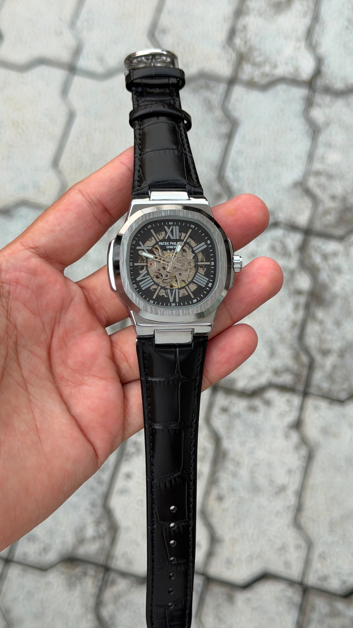 Patek Philippe Nautilus Skeleton Automatic Luxury Watch – Silver Black Crocodile Leather Strap