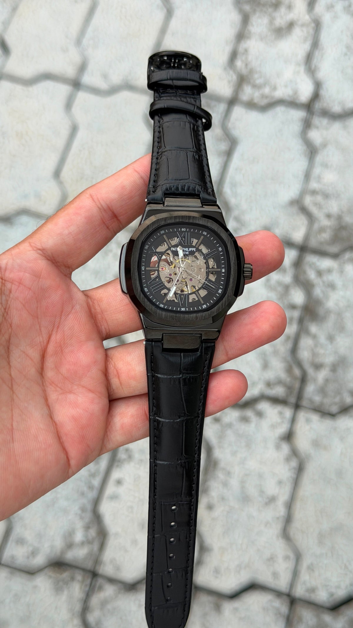 Patek Philippe Nautilus Skeleton Automatic Luxury Watch – Black Crocodile Leather Strap