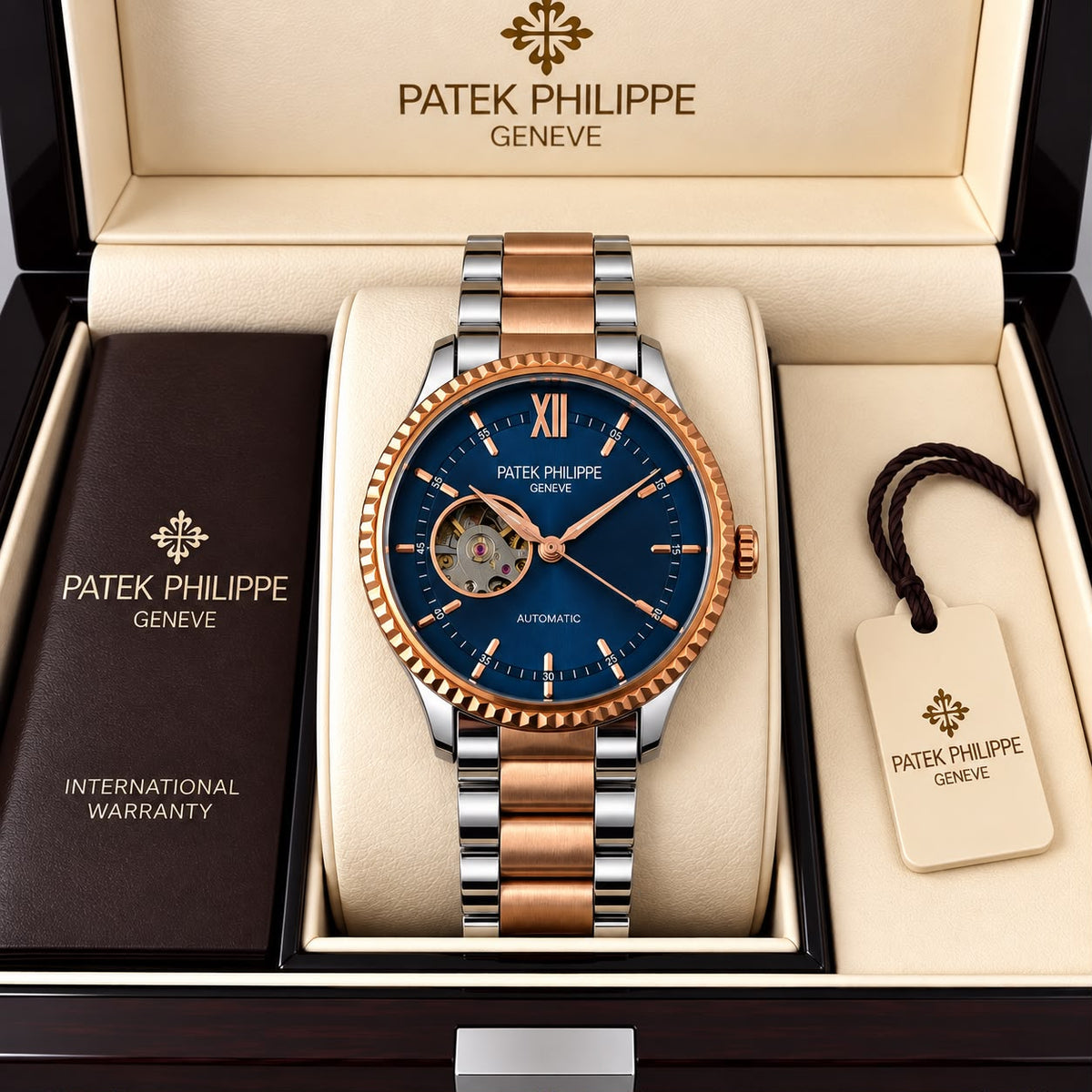 Patek Philippe Geneve Automatic Classic Luxury Watch - Blue dial Two tone Belt