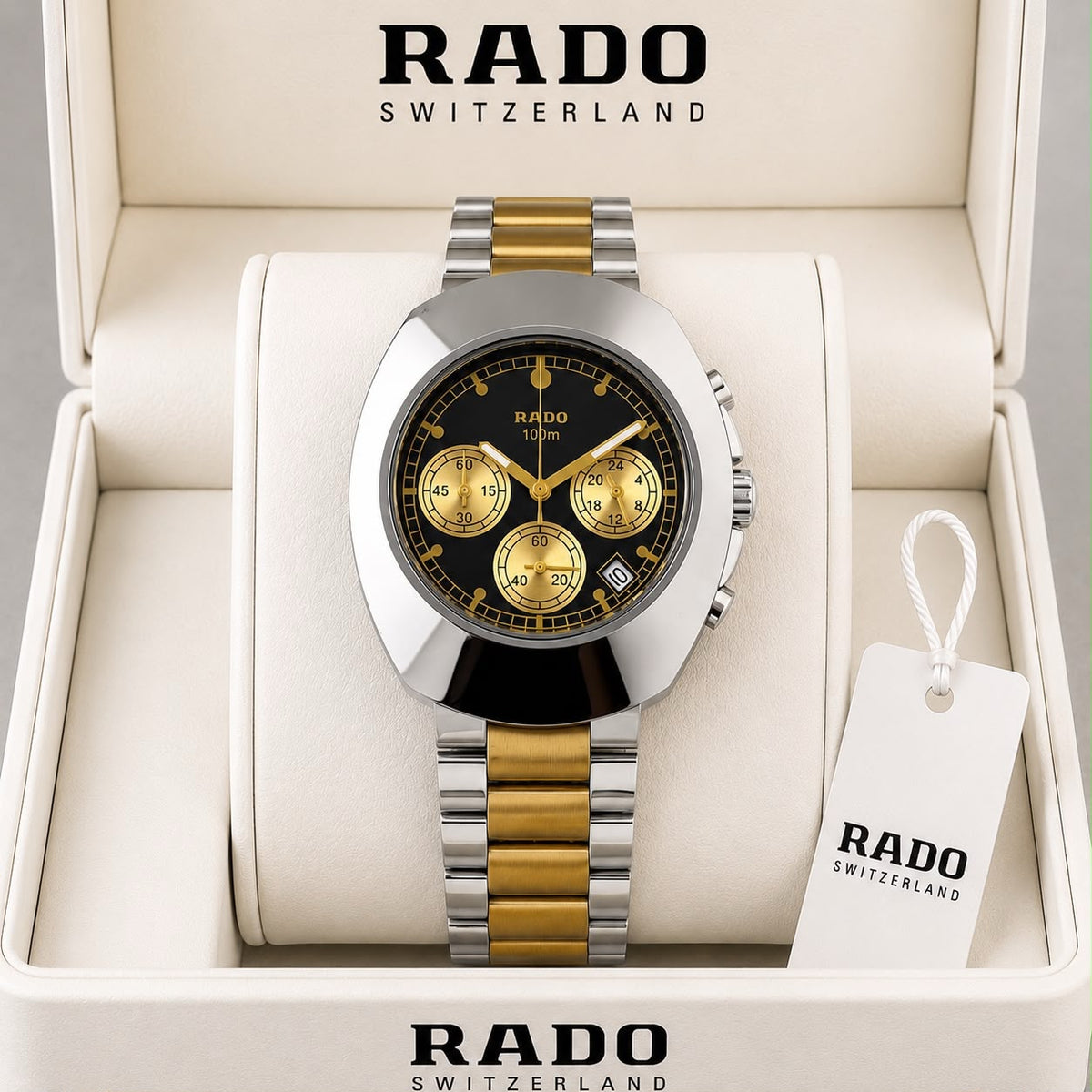 RADO Two-Tone Chronograph – Black Dial Gold Accent Watch