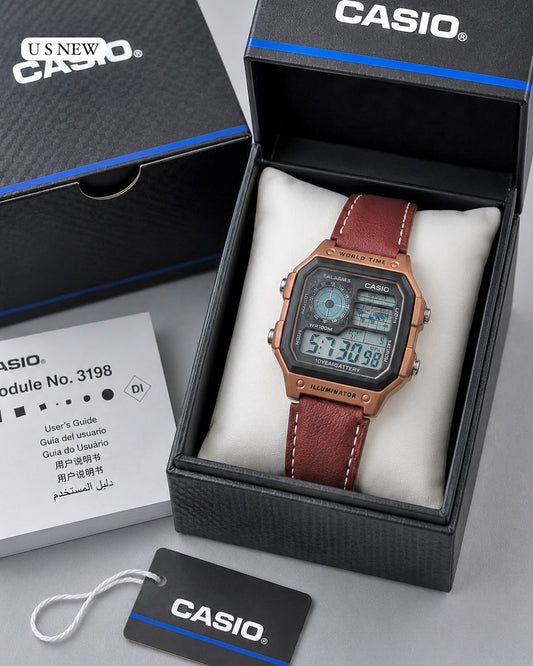 Casio World Time Digital Watch – Rose Gold Brown Leather Strap