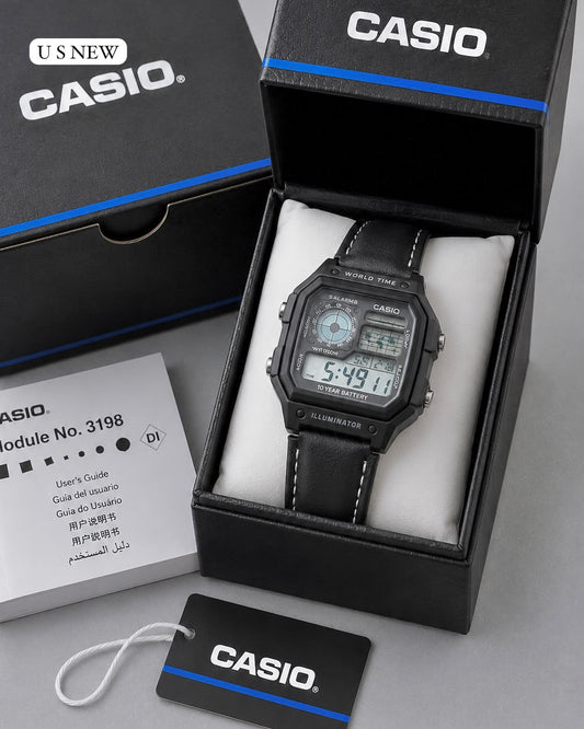 Casio World Time Digital Watch – Black Case Black Leather Strap