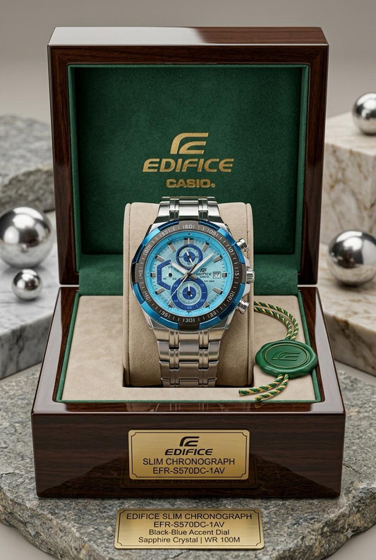 Casio Edifice Slim Chronograph Black-Blue Dial Stainless Steel Watch