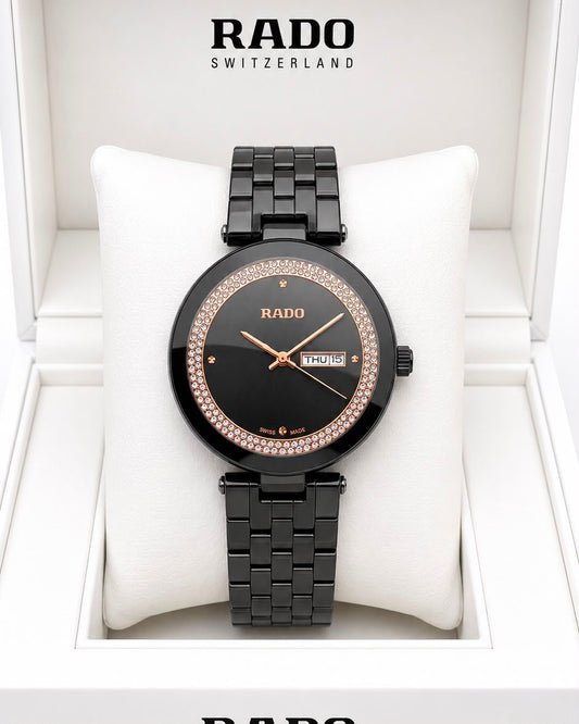 Rado Black Dial Black Stainless Steel Rose Gold-Tone Watch