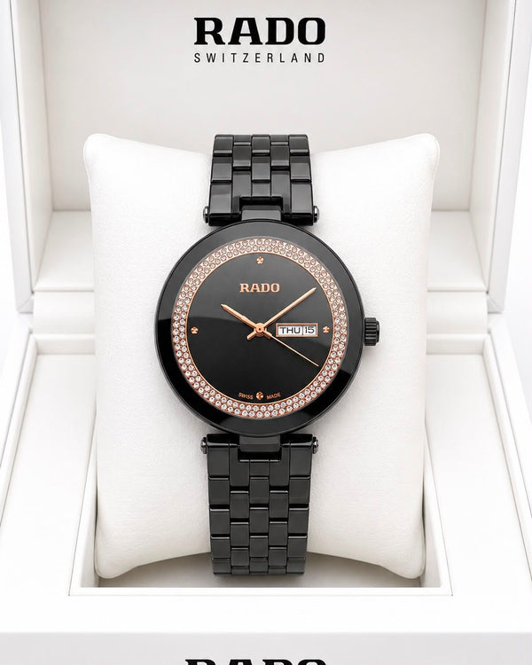 Rado Black Dial Black Stainless Steel Rose Gold-Tone Watch