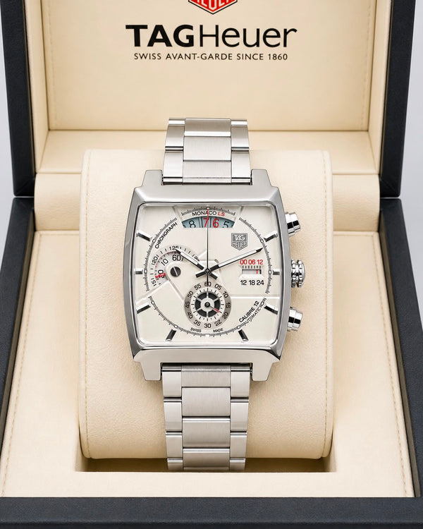 TAG Heuer Monaco Silver-Tone White Dial Stainless Steel Chronograph Watch