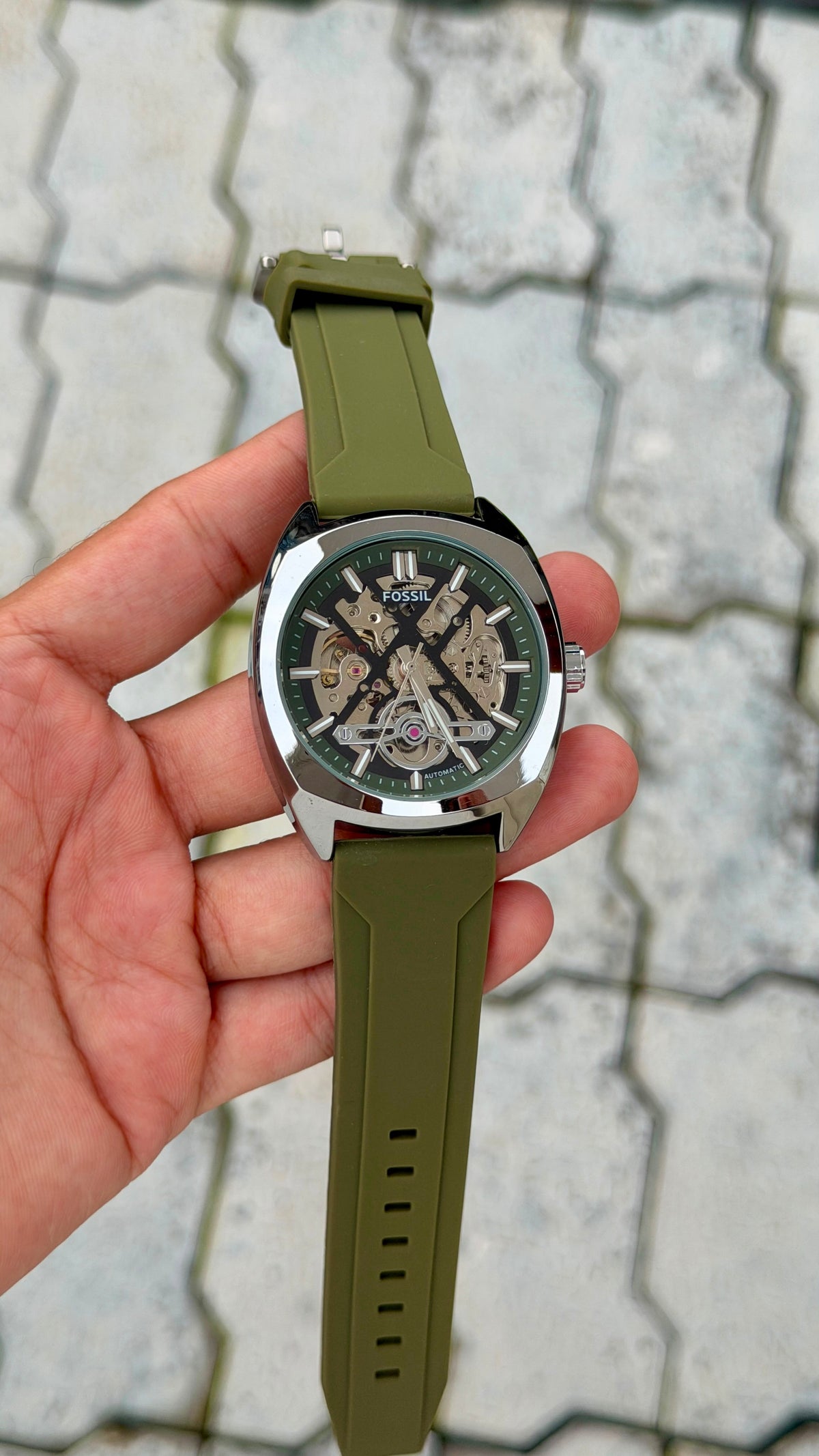 Fossil Automatic Skeleton Olive Silicone Strap Watch – Silver Case