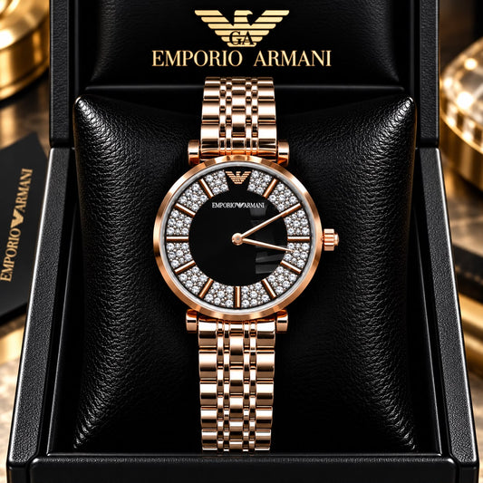 Emporio Armani Black Dial Diamond-Studded Rose Gold Watch