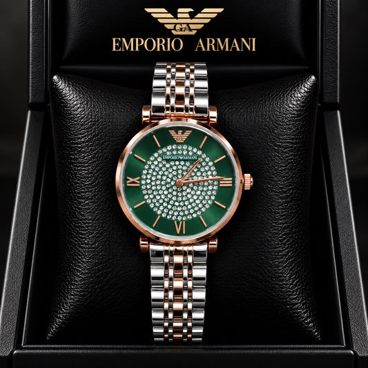 Emporio Armani Green Dial Crystal-Studded Two-Tone Watch