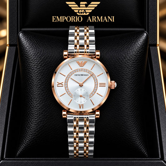 Emporio Armani White Dial Diamond Ring Detail Two-Tone Watch