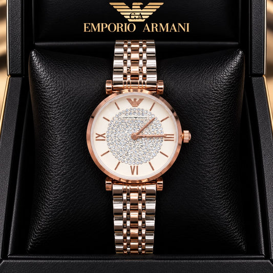 Emporio Armani Beige Dial Crystal-Studded Two-Tone Watch