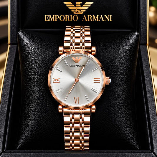 Emporio Armani Silver Dial Crystal-Studded Rose Gold Watch