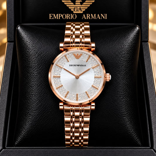 Emporio Armani White Dial Diamond-Studded Rose Gold Watch