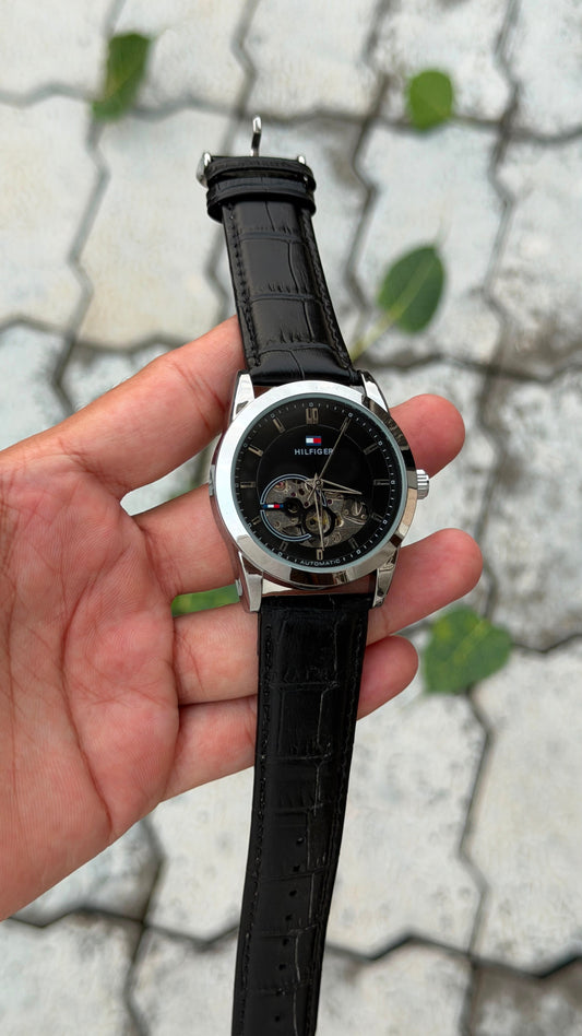 Tommy Hilfiger Automatic Classic Luxury Watch – Black Silver Dial & Black Leather Belt